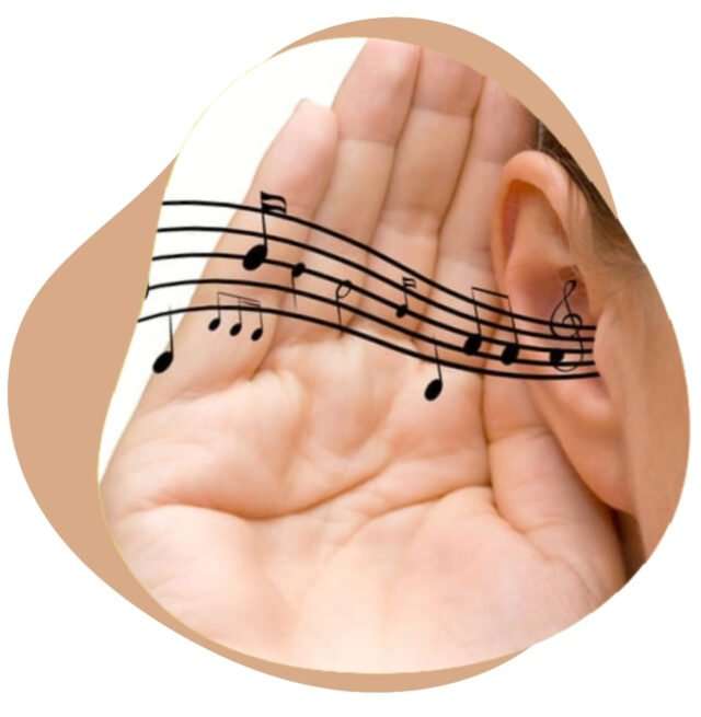 Hand cupped behind an ear with a line of music notes