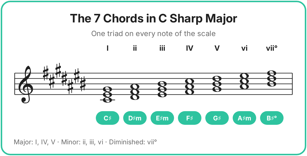 The 7 diatonic chords in C sharp major on the treble sta